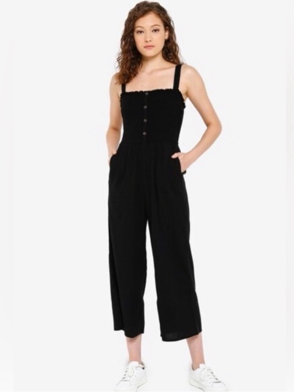 Hollister Cotton Linen Blend Black Smocked Wide-Leg Jumpsuit Adjustable Size M